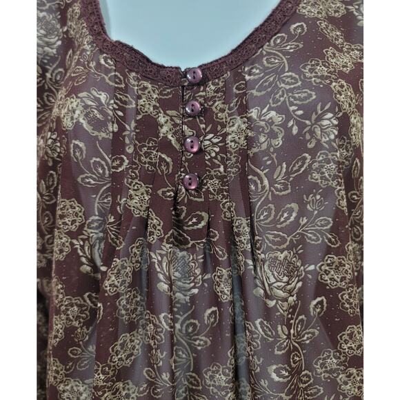 Charming Charlie Brown Floral Peplum Sheer Top Medium Lightweight Pleated Front - Picture 6 of 7